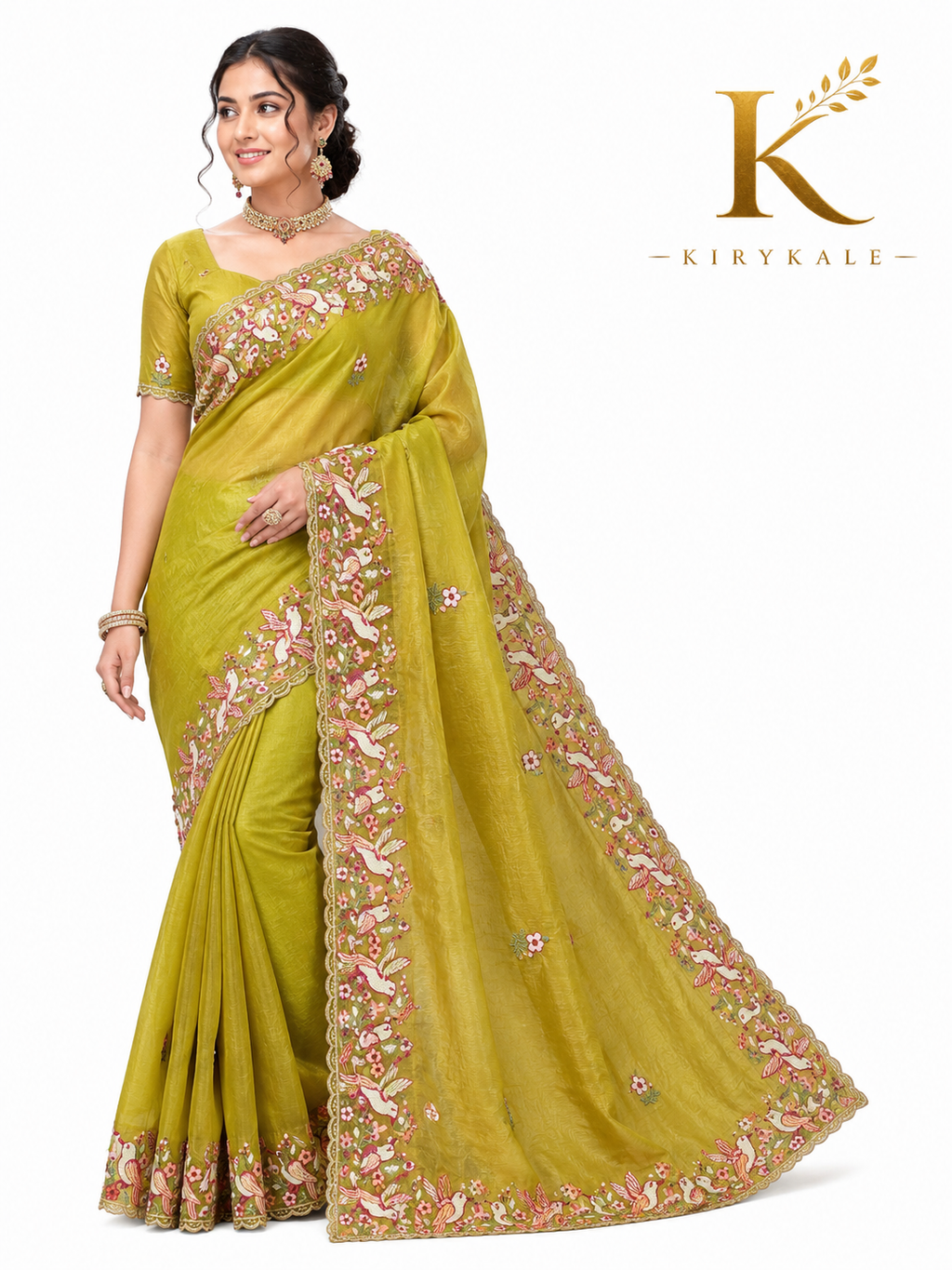 Premium Mehendi Green Mango Silk Saree – Imported Computer Thread Work Bird Design with Designer Blouse