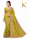 Premium Mehendi Green Mango Silk Saree – Imported Computer Thread Work Bird Design with Designer Blouse