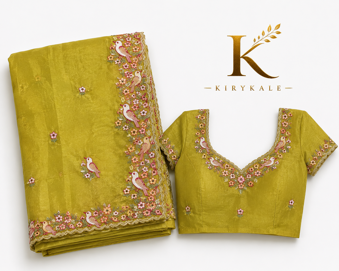Premium Mehendi Green Mango Silk Saree – Imported Computer Thread Work Bird Design with Designer Blouse