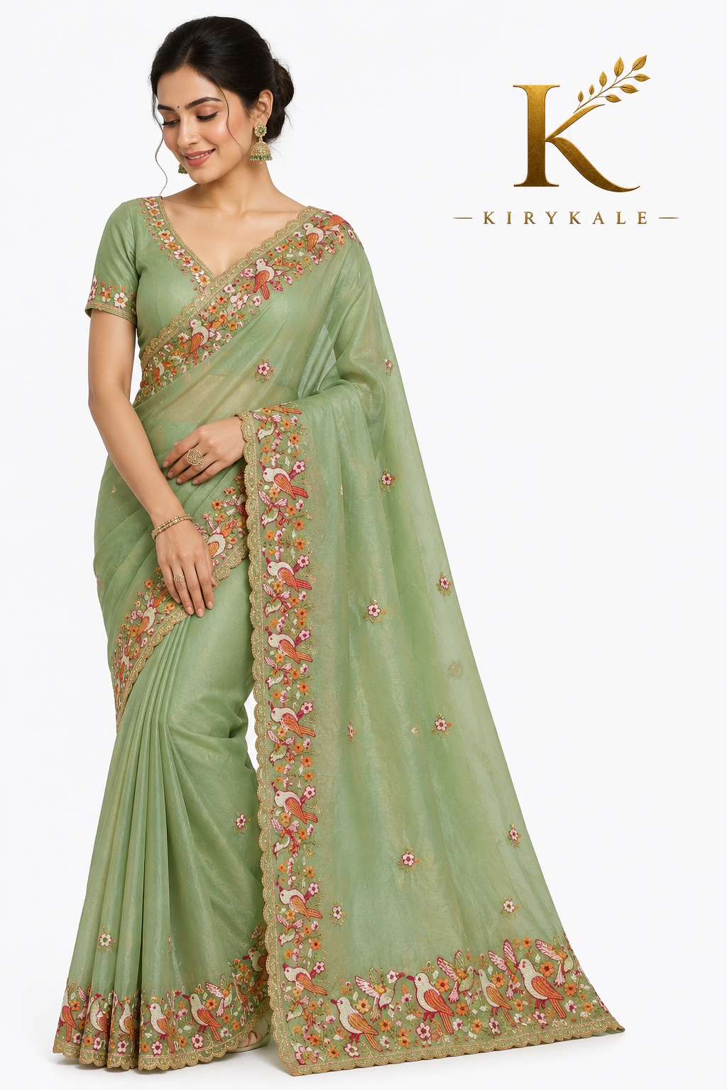 Premium Imported Mango Silk Saree – Sage Green Bird Design Computer Thread Work with Designer Blouse