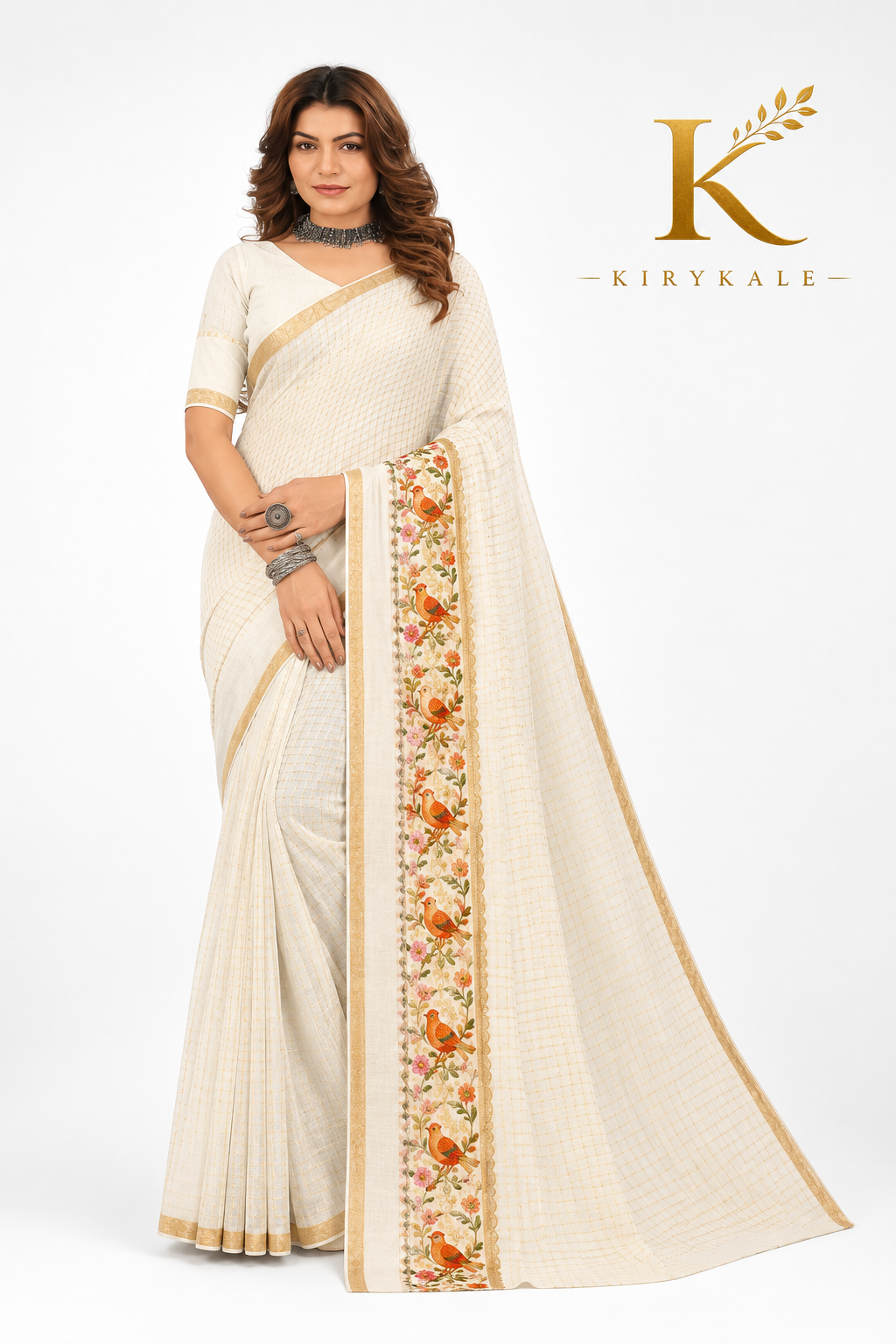 Premium Viscose Georgette Saree – Off White Satin Patta Checks with Bird Border Designer Blouse