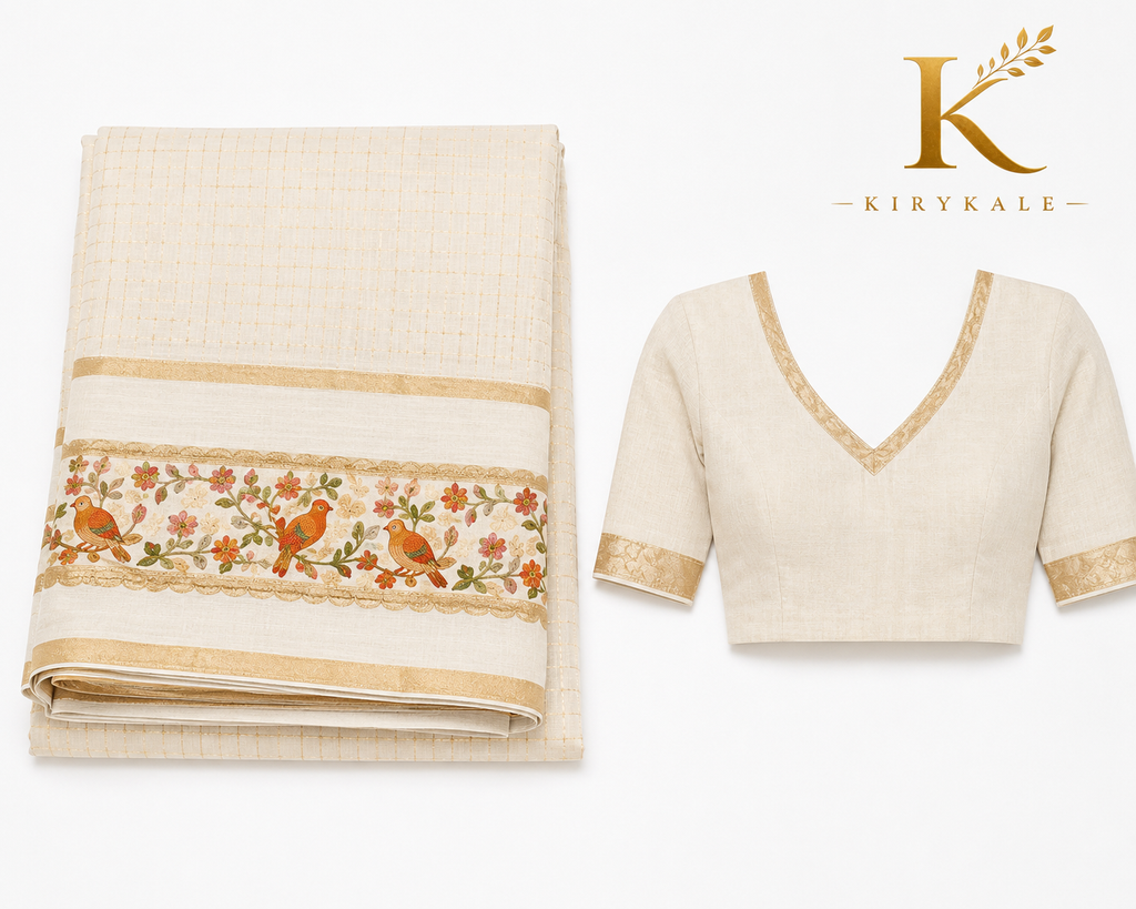 Premium Viscose Georgette Saree – Off White Satin Patta Checks with Bird Border Designer Blouse