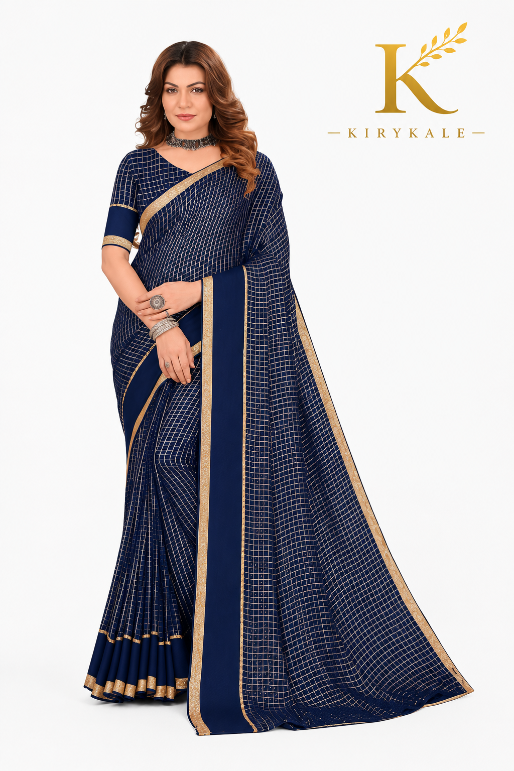 Premium Viscose Georgette Saree – Navy Blue Satin Patta Check Design with Designer Blouse