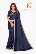 Premium Viscose Georgette Saree – Navy Blue Satin Patta Check Design with Designer Blouse