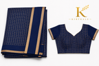 Premium Viscose Georgette Saree – Navy Blue Satin Patta Check Design with Designer Blouse