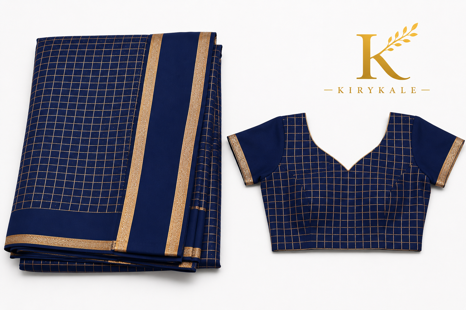 Premium Viscose Georgette Saree – Navy Blue Satin Patta Check Design with Designer Blouse