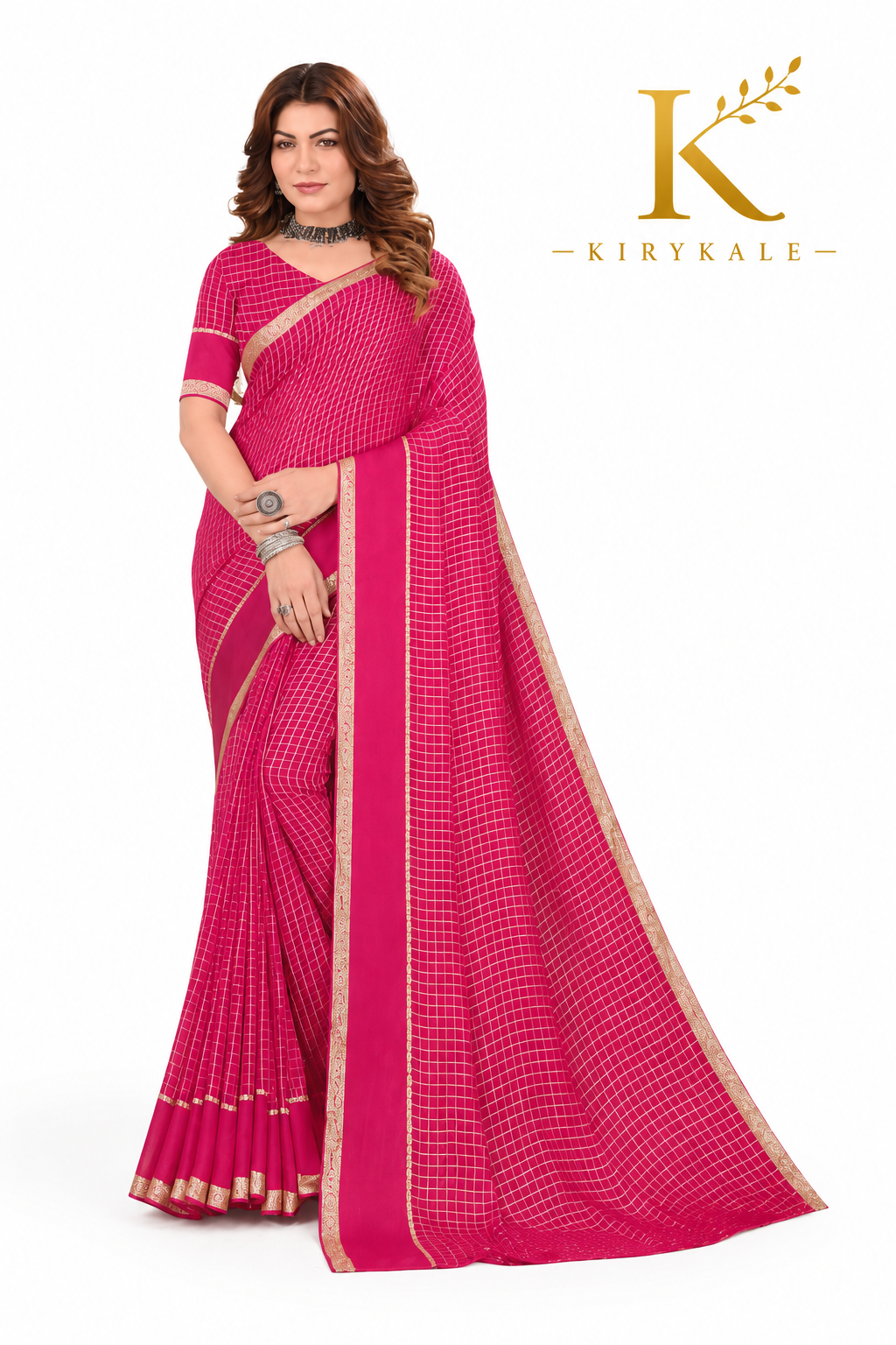 Premium Viscose Georgette Saree – Rani Pink Satin Patta Check Design with Designer Blouse
