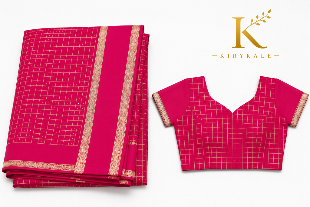 Premium Viscose Georgette Saree – Rani Pink Satin Patta Check Design with Designer Blouse