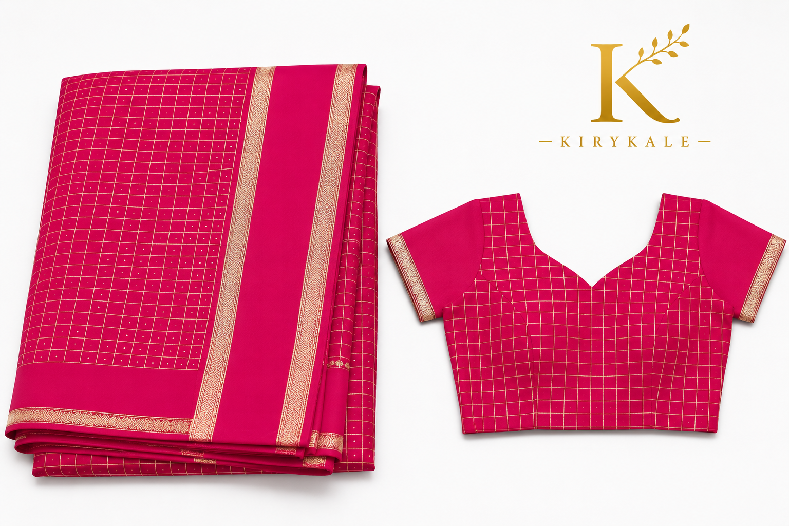 Premium Viscose Georgette Saree – Rani Pink Satin Patta Check Design with Designer Blouse