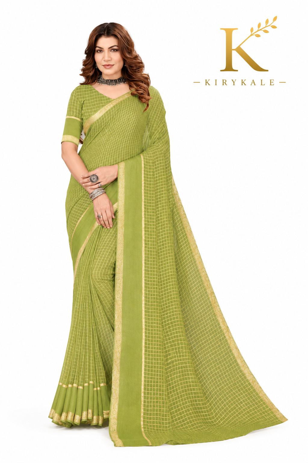 Premium Viscose Georgette Saree – Olive Green Satin Patta Check Design with Designer Blouse