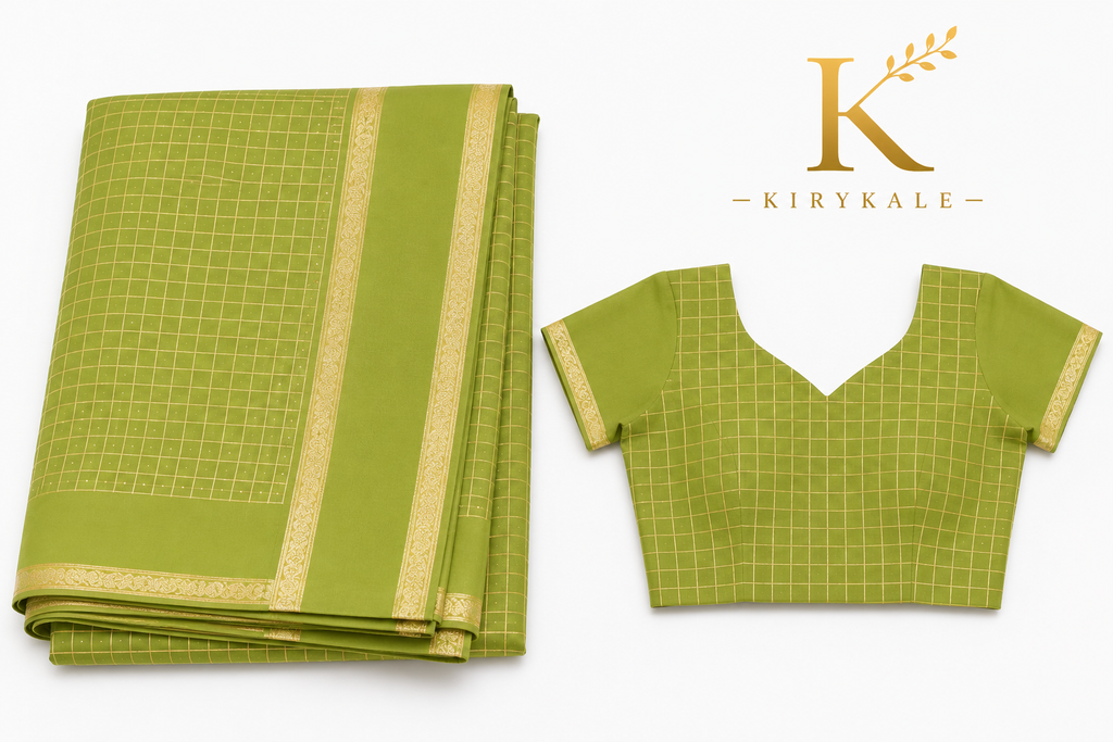 Premium Viscose Georgette Saree – Olive Green Satin Patta Check Design with Designer Blouse