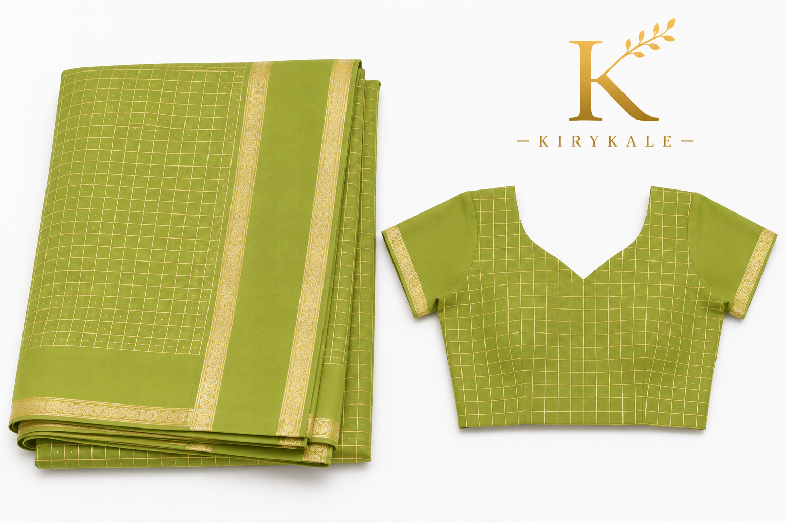 Premium Viscose Georgette Saree – Olive Green Satin Patta Check Design with Designer Blouse