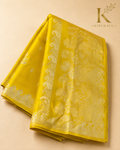 Premium Chiniya Georgette Pattu Saree – Mustard Yellow Silver Zari Floral Weaving with Matching Blouse
