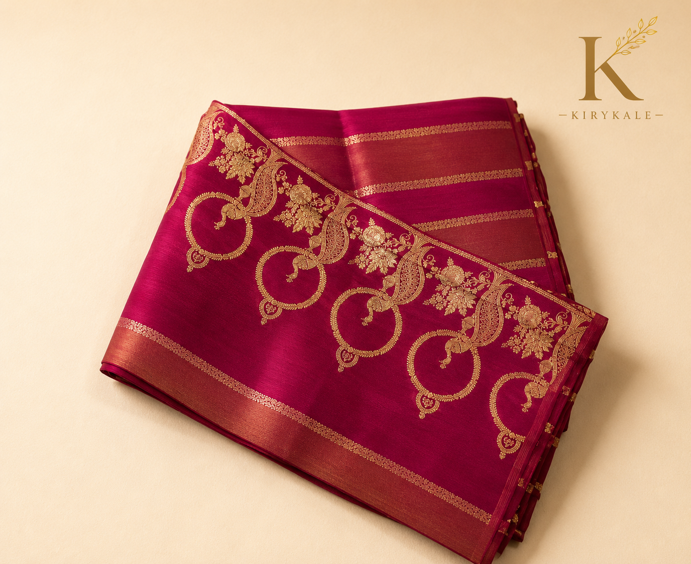 Premium Chiniya Georgette Pattu Saree – Wine Magenta Antique Gold Zari Border with Matching Blouse