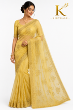 Premium Japan Organza Saree – Cream Yellow Real Stone & Thread Work with Designer Blouse