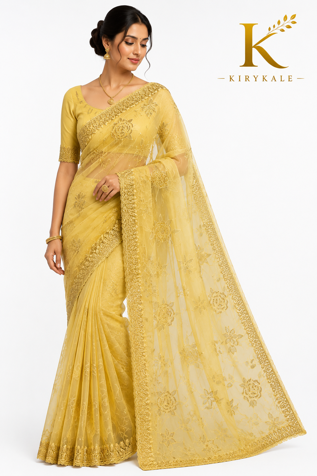 Premium Japan Organza Saree – Cream Yellow Real Stone & Thread Work with Designer Blouse