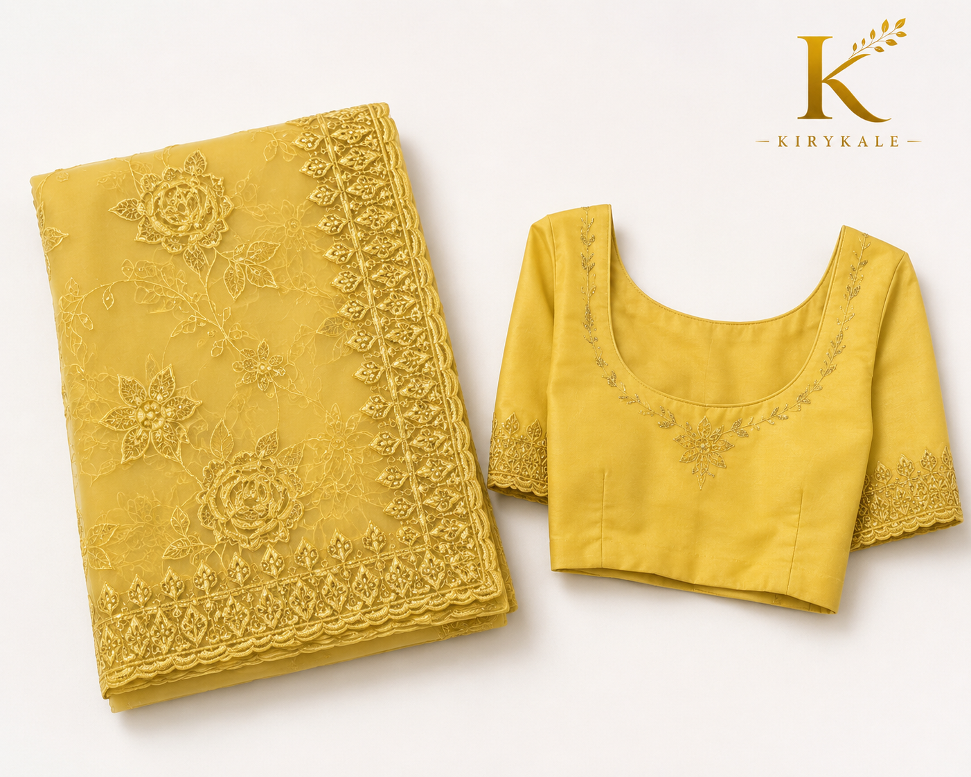 Premium Japan Organza Saree – Cream Yellow Real Stone & Thread Work with Designer Blouse