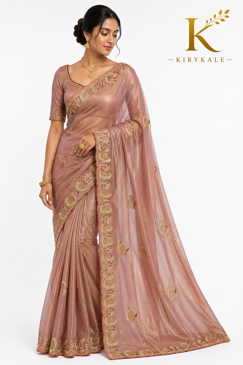 Premium Japan Spray Silk Saree – Rose Gold Real Stone Designer Work with Matching Blouse
