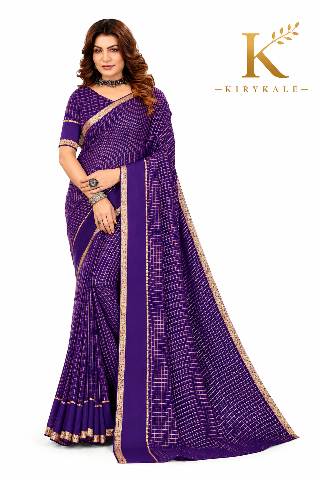 Premium Viscose Georgette Saree – Royal Purple Satin Patta Check Design with Designer Blouse