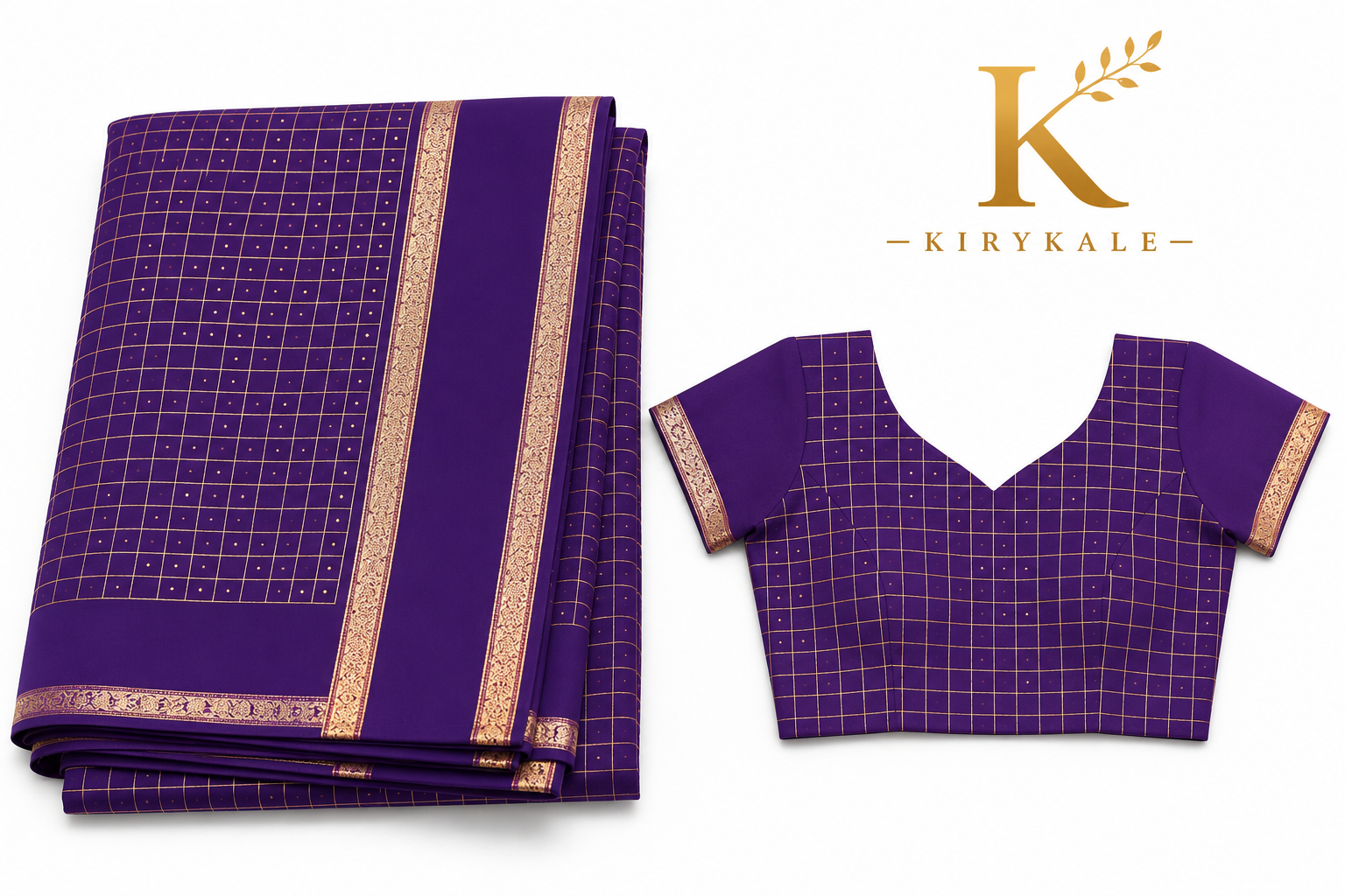 Premium Viscose Georgette Saree – Royal Purple Satin Patta Check Design with Designer Blouse