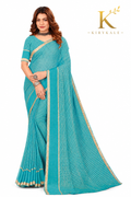 Premium Viscose Georgette Saree – Turquoise Blue Satin Patta Check Design with Designer Blouse