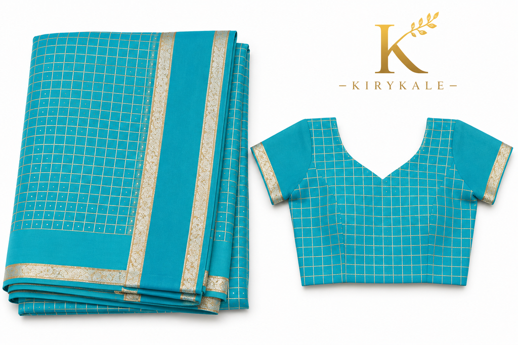 Premium Viscose Georgette Saree – Turquoise Blue Satin Patta Check Design with Designer Blouse