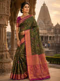 Premium Meenakari  Kanchi Pattu Saree - Emerald Green & Magenta  Zari Weaving