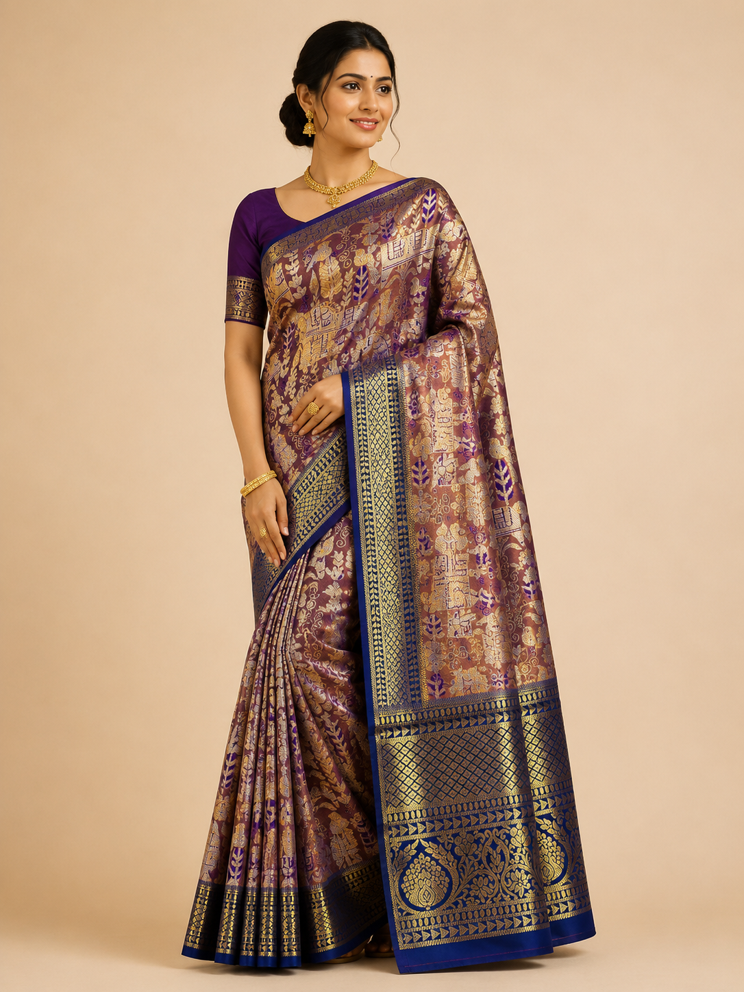 Premium Meenakari  Kanchi Pattu Saree - Dusty Rose & Royal Blue Zari Weaving