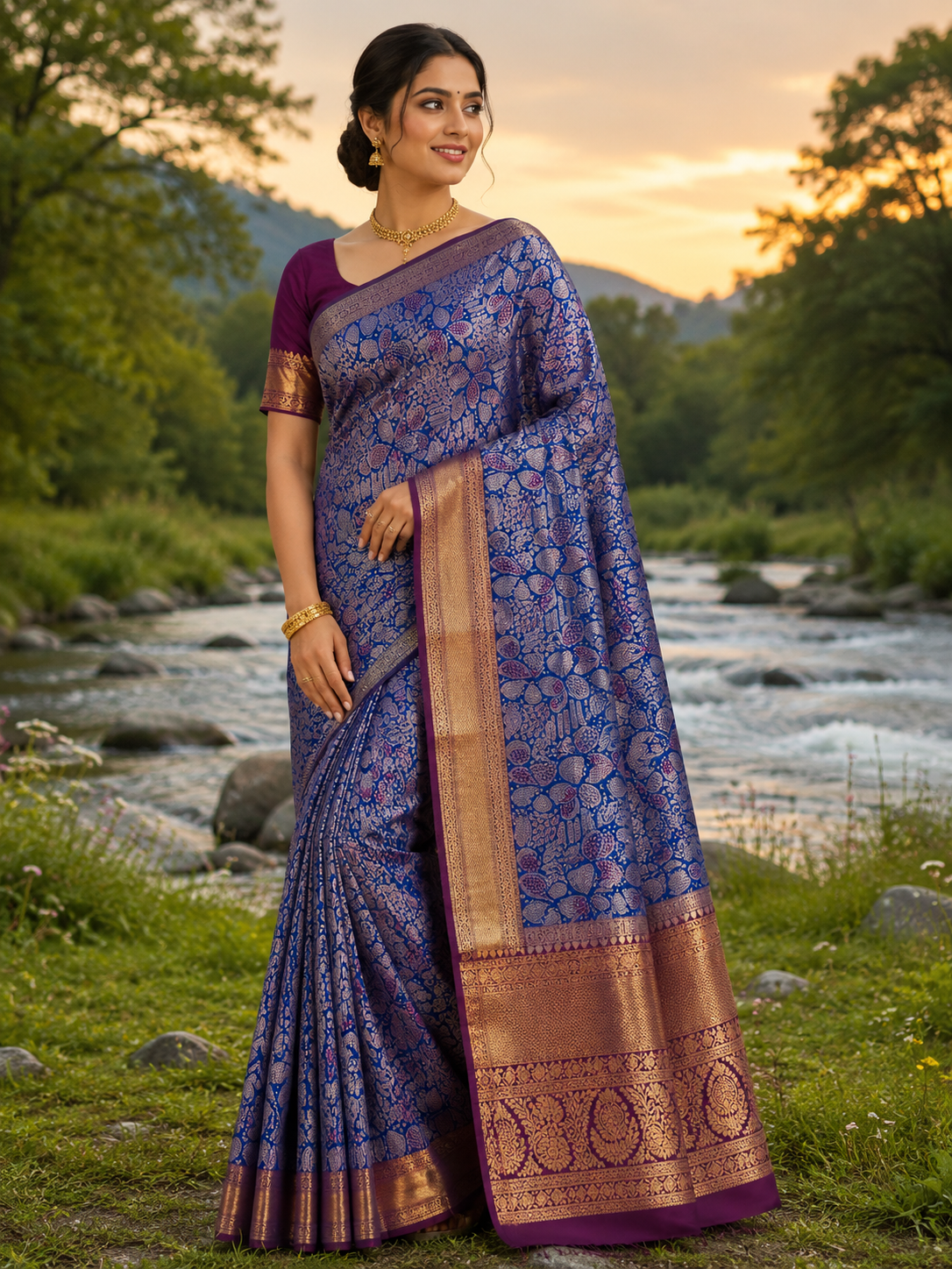 Premium Meenakari  Kanchi Pattu Saree - Royal Blue Floral  Zari Weaving