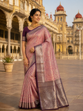 Premium Meenakari  Kanchi Pattu Saree - Blush Pink & Royal Purple Silver  Zari Weaving