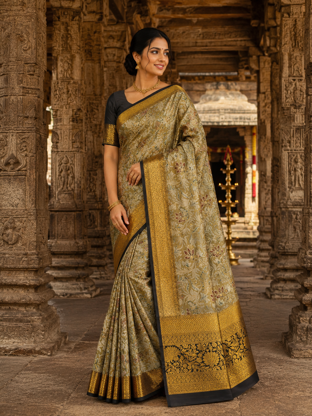 Premium Meenakari  Kanchi Pattu Saree - Antique Gold Floral Zari Weaving