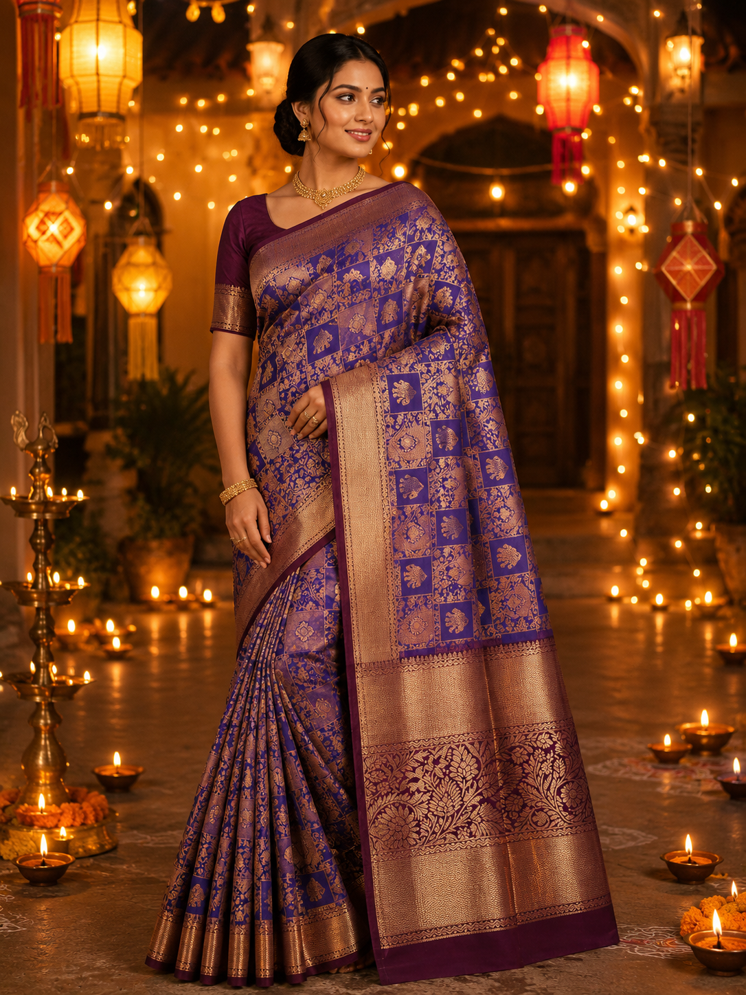 Premium Meenakari  Kanchi Pattu Saree - Royal Purple Elephant Motif  Zari Weaving