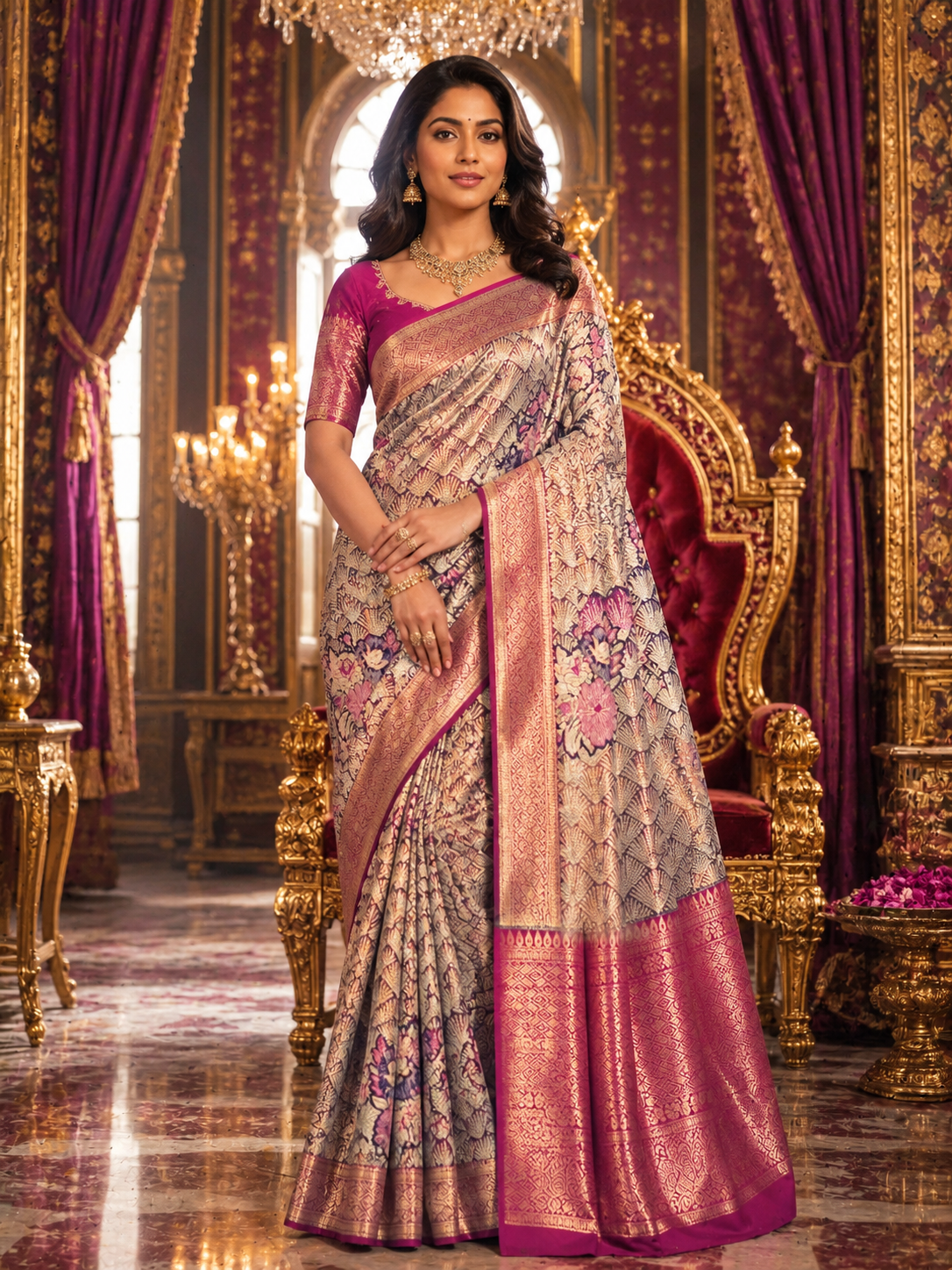 Premium Meenakari  Kanchi Pattu Saree – Rose Gold & Rani Pink  Zari Weaving