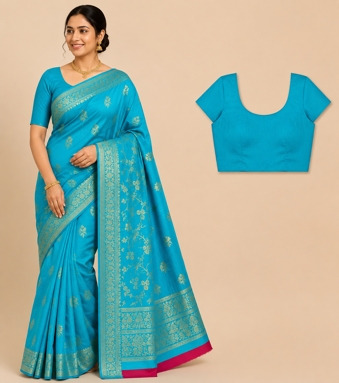 Premium Mysore Banaras Pattu – Aqua Blue Floral Zari Designer Saree with Blouse Piece