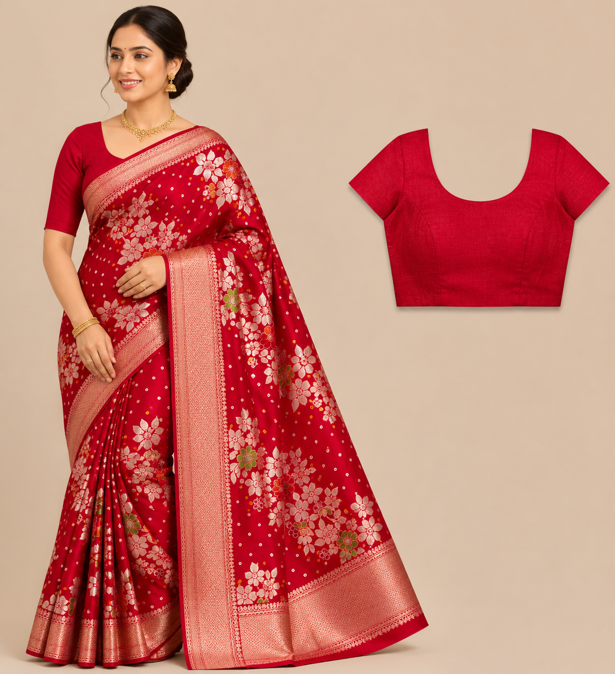 Premium Mysore Banaras Pattu – Crimson Red Floral Zari Designer Saree with Blouse Piece