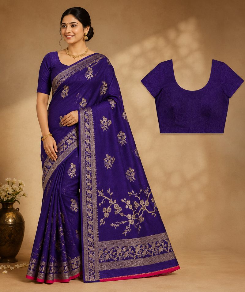 Premium Mysore Banaras Pattu – Royal Violet Floral Zari Saree with Blouse Piece