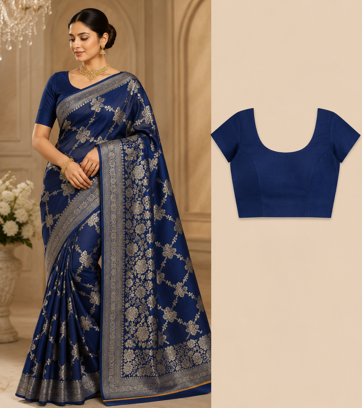 Premium Mysore Banaras Pattu – Royal Navy Blue Floral Zari Designer Saree with Blouse Piece