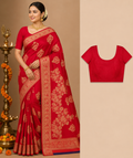 Premium Mysore Banaras Pattu – Ruby Red Floral Zari Designer Saree with Blouse Piece