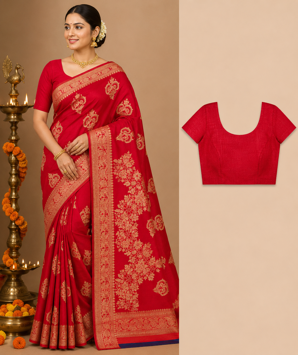 Premium Mysore Banaras Pattu – Ruby Red Floral Zari Designer Saree with Blouse Piece