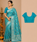 Premium Mysore Banaras Pattu – Aqua Blue Floral Zari Designer Saree with Blouse Piece