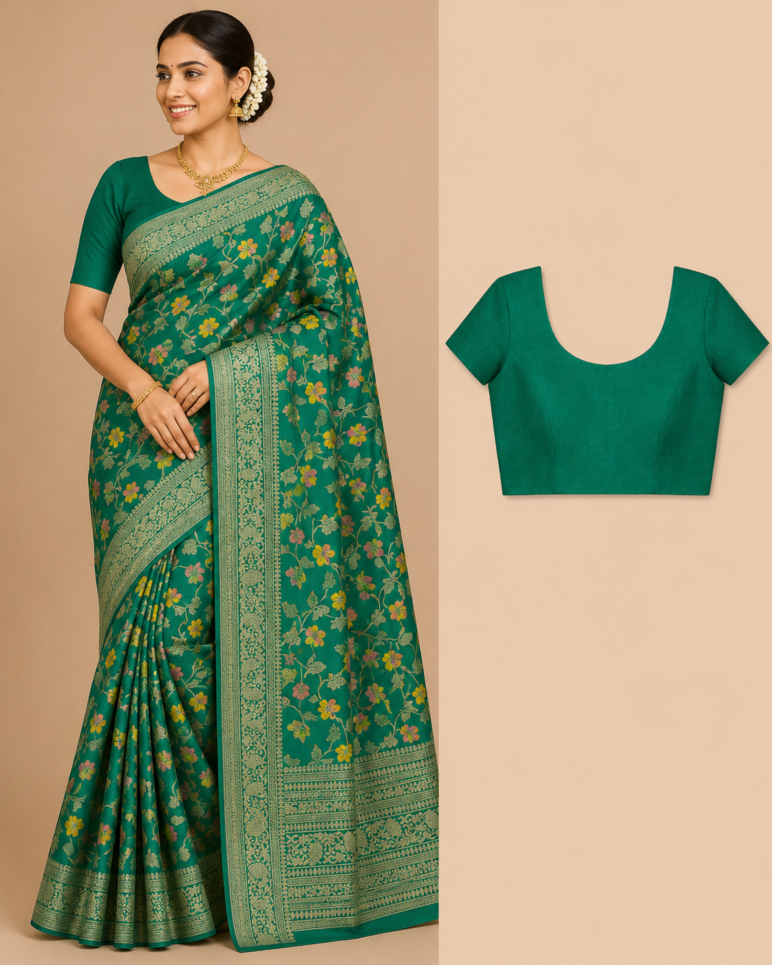 Premium Mysore Banaras Crepe – Emerald Green Floral Designer Saree with Blouse Piece