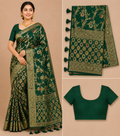 Premium Mysore Banaras Crepe – Emerald Green Floral Designer Saree with Blouse Piece