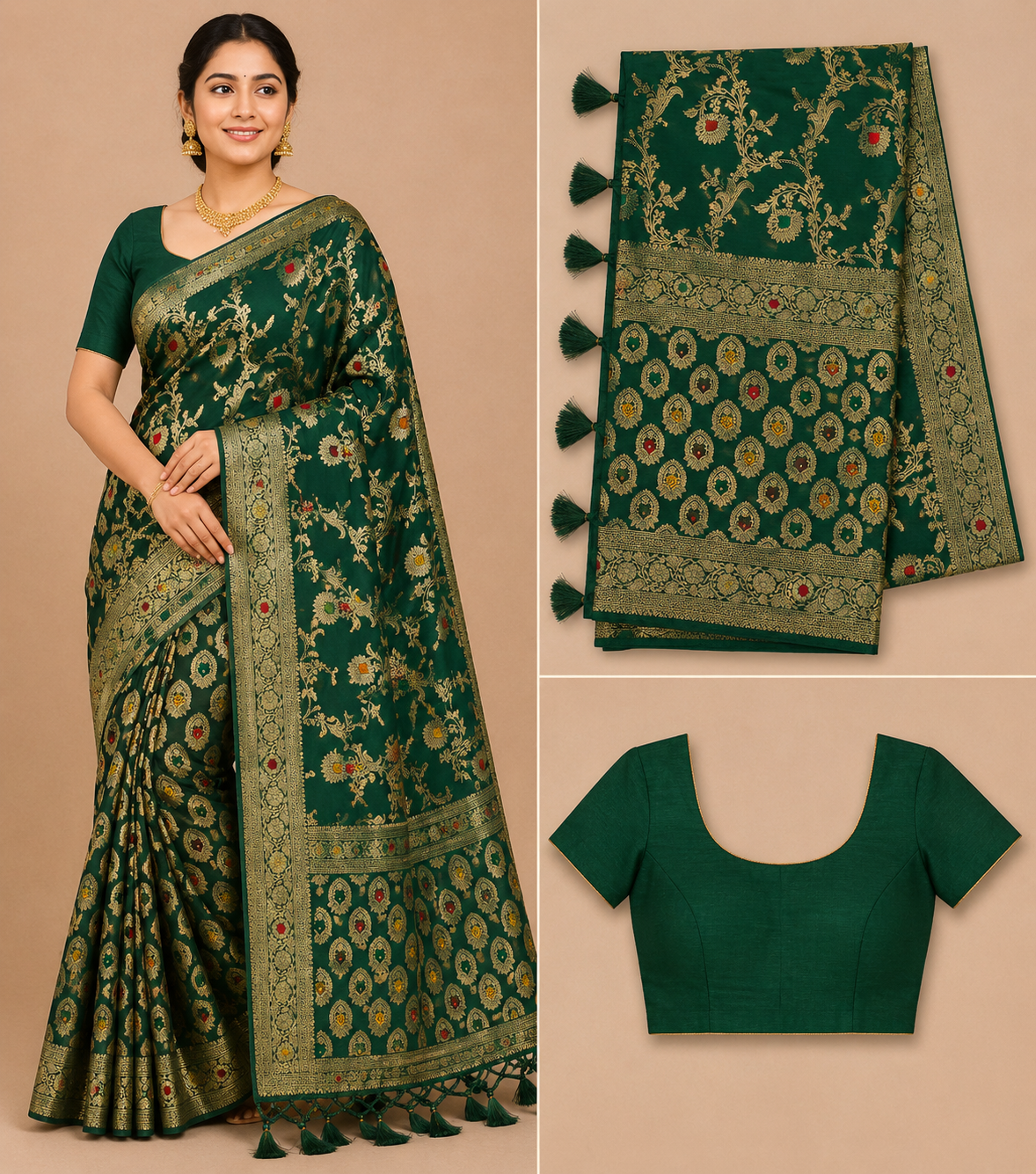 Premium Mysore Banaras Crepe – Emerald Green Floral Designer Saree with Blouse Piece