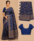 Premium Mysore Banaras Crepe – Royal Blue Floral Designer Saree with Blouse Piece