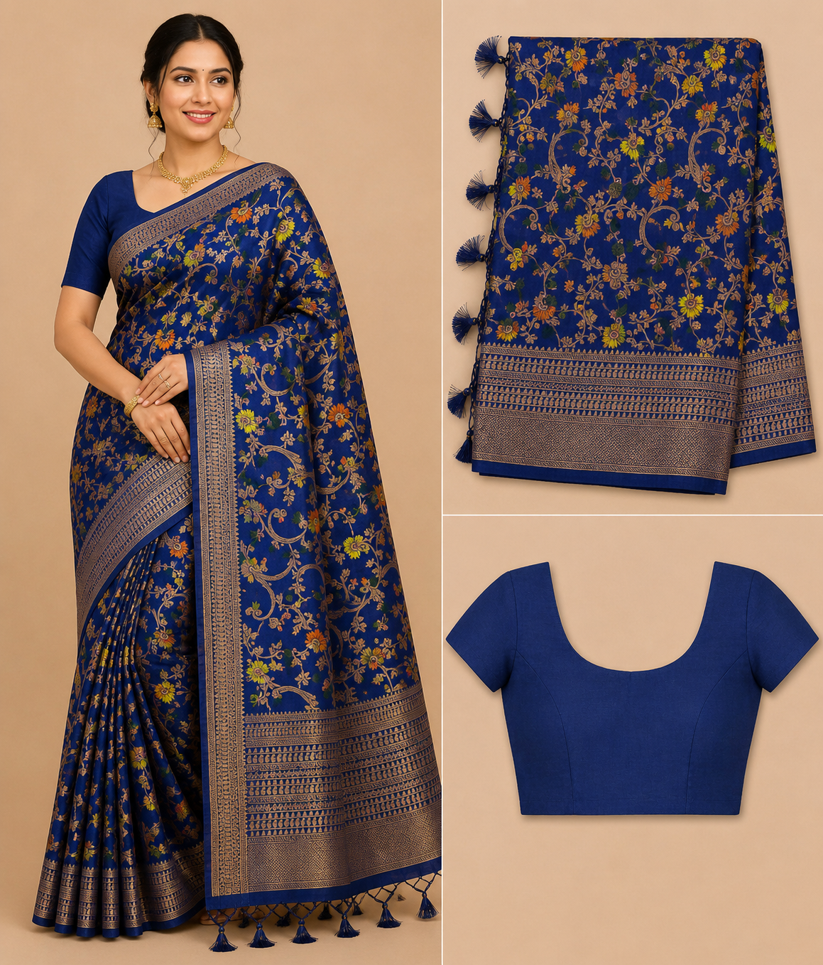 Premium Mysore Banaras Crepe – Royal Blue Floral Designer Saree with Blouse Piece