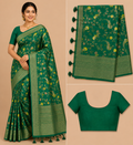 Premium Mysore Banaras Crepe – Emerald Green and gold Floral Designer Saree with Blouse Piece