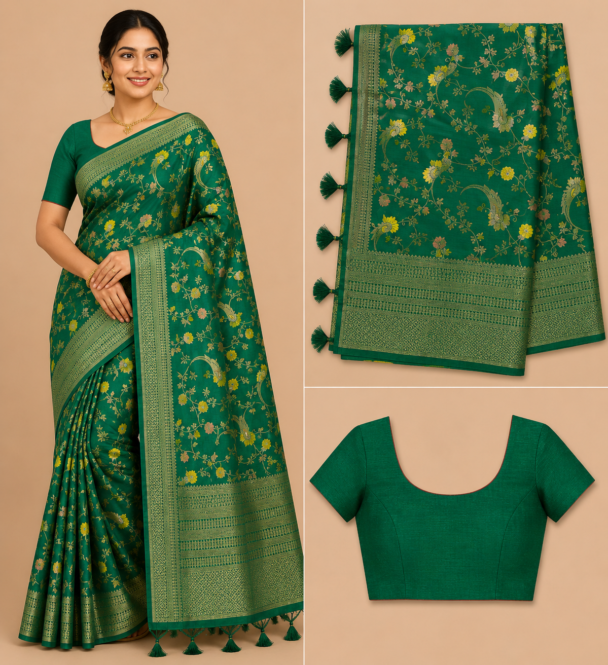 Premium Mysore Banaras Crepe – Emerald Green and gold Floral Designer Saree with Blouse Piece