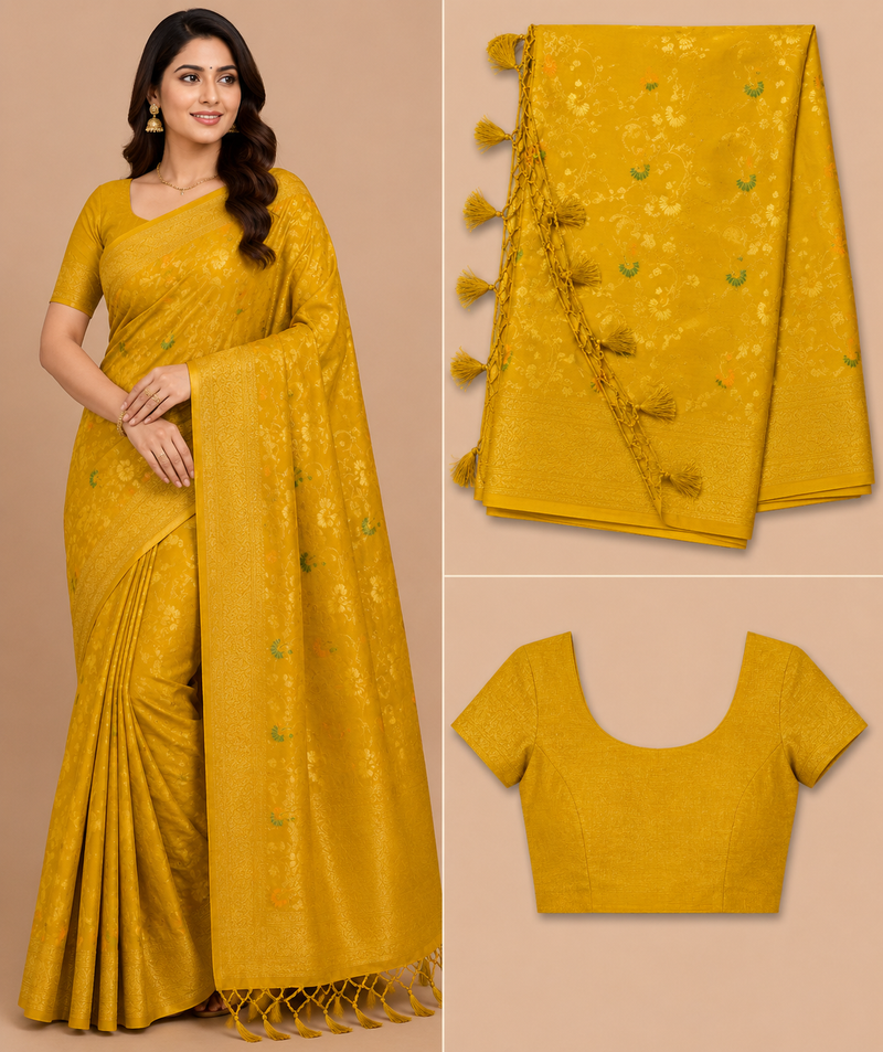 Premium Mysore Banaras Crepe – Mustard Yellow Designer Saree with Blouse Piece