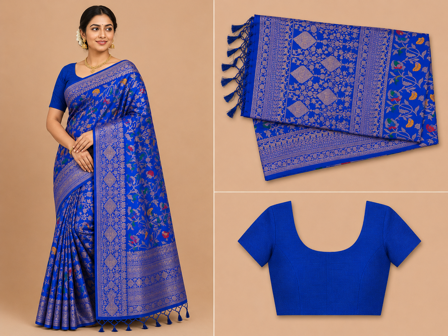 Premium Mysore Banaras Crepe – Royal Blue Floral Designer Saree with Blouse Piece