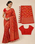Premium Mysore Banaras Georgette Saree - Radiant Red Floral Zari with Designer Blouse